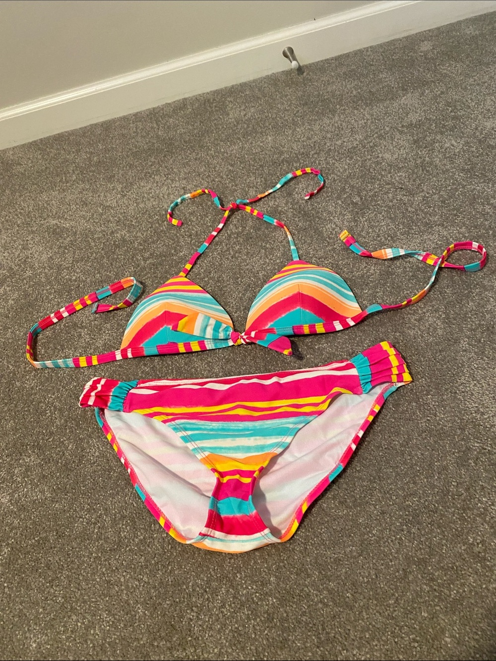 Striped Multicolor Triangle Bikini Set - Bright Pink & Teal Arizona